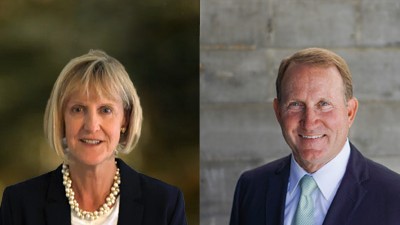 A composite image of two individuals, each in professional attire. On the left is a woman with short blonde hair, wearing a dark blazer and a pearl necklace, against a blurred green background. On the right is a man with short hair, wearing a suit and light green tie, against a gray concrete wall. Airbus U.S. Space & Defense welcomes new board members.