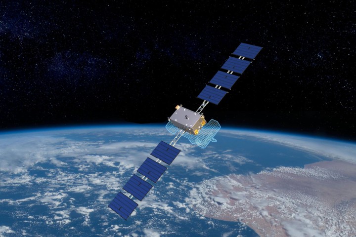 A satellite with extended solar panels orbits Earth against a backdrop of constellations. Earth’s curved horizon is visible, showcasing a mix of ocean and land beneath a partially cloudy sky. The satellite appears to be in a high-altitude LEO orbit.