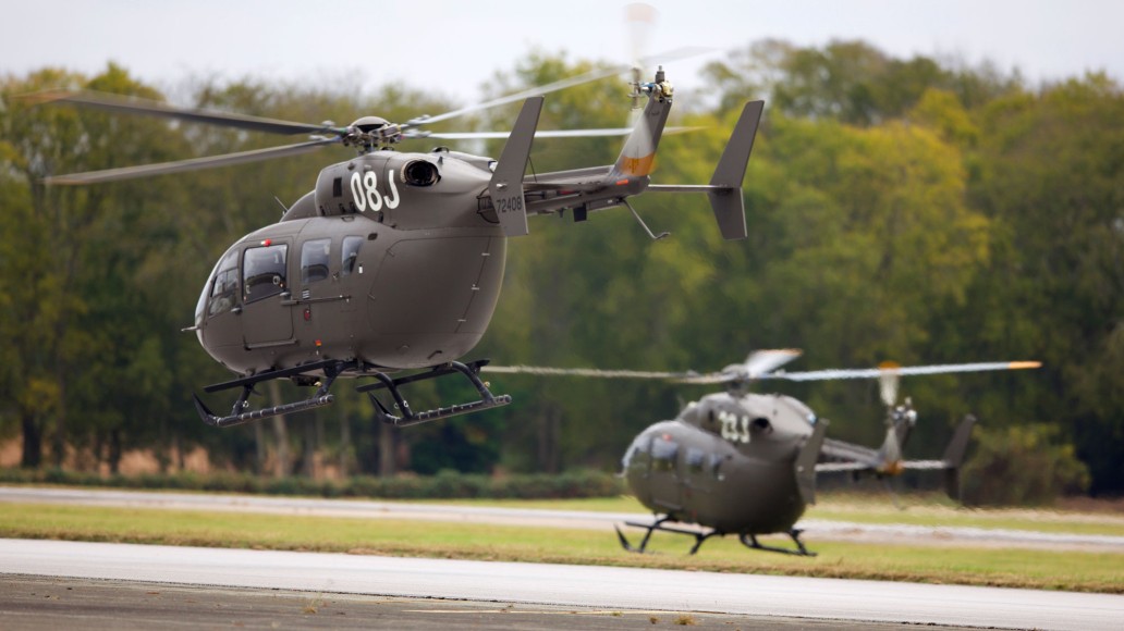 Two U.S. Army UH-72 Lakota Helicopters, assigned to 1st Battalion, 145th Aviation Regiment take off from Toth Stagefield Army Heliport, Fort Rucker, AL.