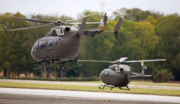 Two U.S. Army UH-72 Lakota Helicopters, assigned to 1st Battalion, 145th Aviation Regiment take off from Toth Stagefield Army Heliport, Fort Rucker, AL.