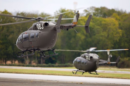 Two U.S. Army UH-72 Lakota Helicopters, assigned to 1st Battalion, 145th Aviation Regiment take off from Toth Stagefield Army Heliport, Fort Rucker, AL.